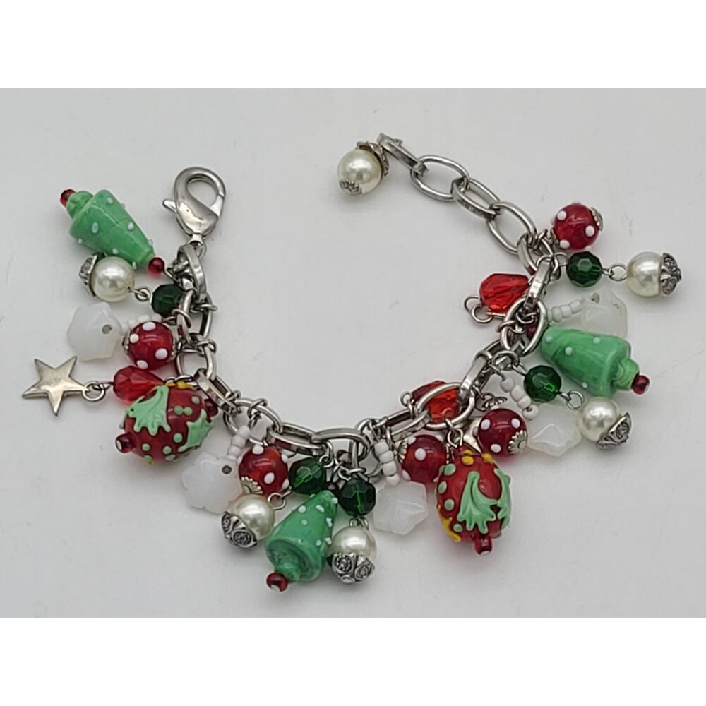 Multicolor Lampwork Art Glass Enamel Charm Bracelet Silver Tone Chain 8.5" Holid